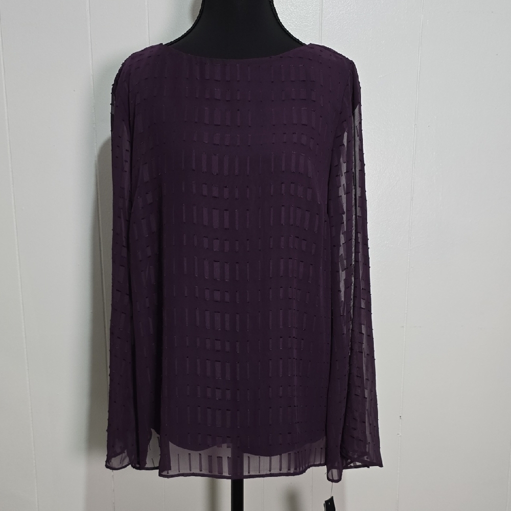 AB Studio Purple Pleated Long Sleeve Blouse M. NWT